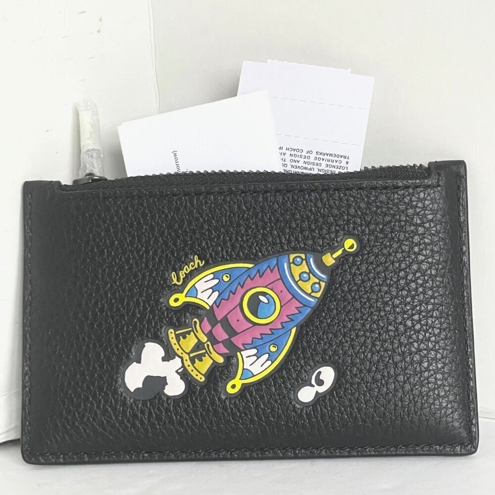 Coach Cosmic Coach Zip Card Case Rocket Ship Space CW222 Black Leather Wallet - Picture 4 of 6
